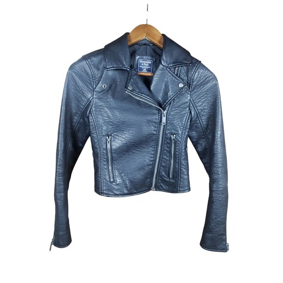 Abercrombie Black Faux Leather Cropped Moto Jacket XXS Petite Minimalist Y2K Wmn - Picture 2 of 8